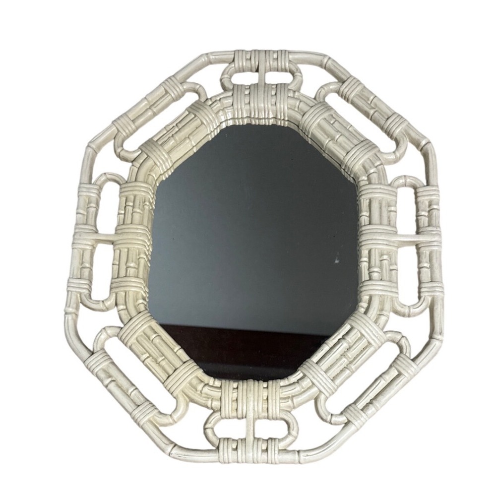 Vintage Faux Bamboo Octagon Wall Mirror Off White Hollywood Regency Coastal 18in